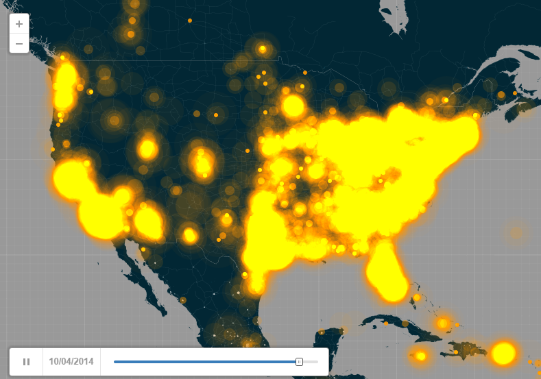 Twitter #ebola activity on October 4th explodes in USA after first domestic case reported.